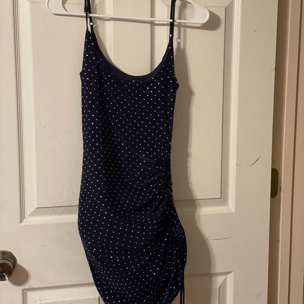 Fitted navy mini dress with rhinestones and adjustable length